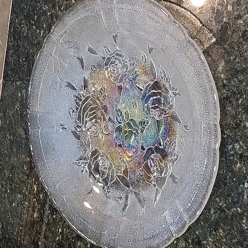 Vintage Royal Rose Iridescent Frosted 15 inch Glass Dish. - Picture 1 of 5